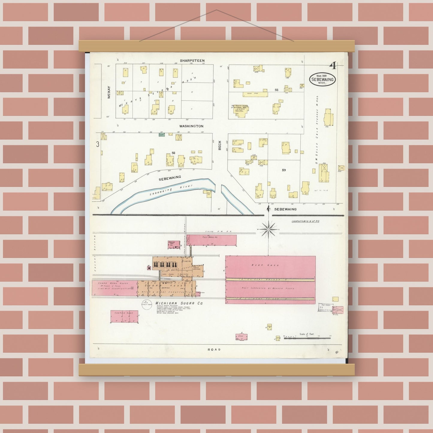 Old map wall art mockup — magnetic wood frame on brick wall — Sanborn Fire Insurance Map from Sebewaing, Huron County, Michigan (1909), Sheet #0004
