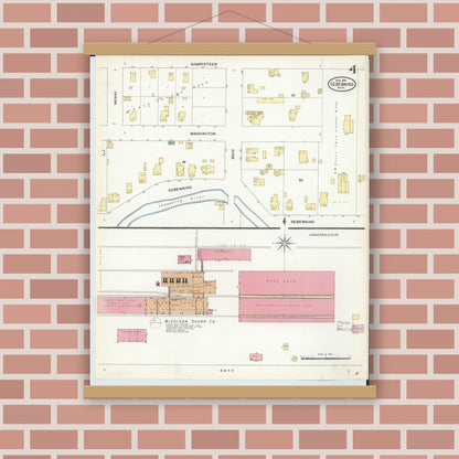 Old map wall art mockup — magnetic wood frame on brick wall — Sanborn Fire Insurance Map from Sebewaing, Huron County, Michigan (1909), Sheet #0004
