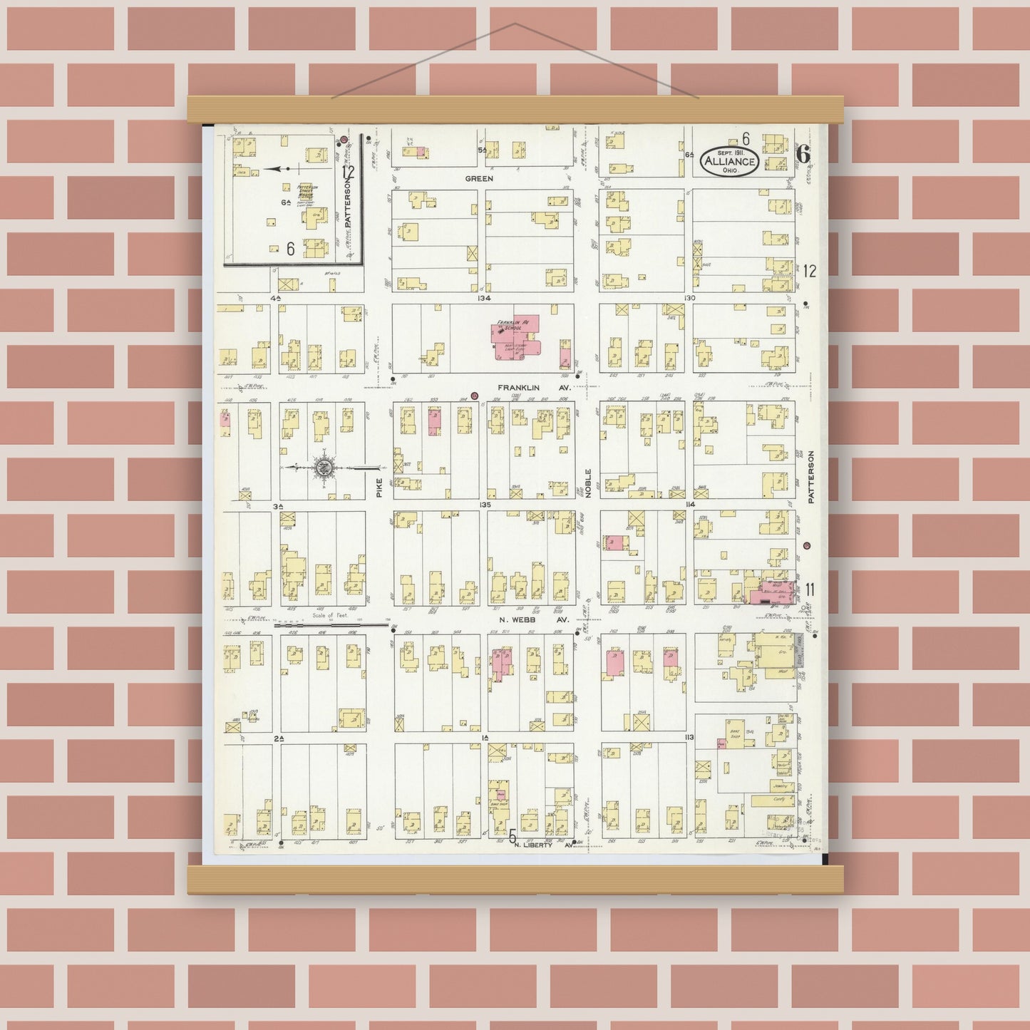 Old map wall art mockup — magnetic wood frame on brick wall — Sanborn Fire Insurance Map from Alliance, Stark County, Ohio (1911), Sheet #0006