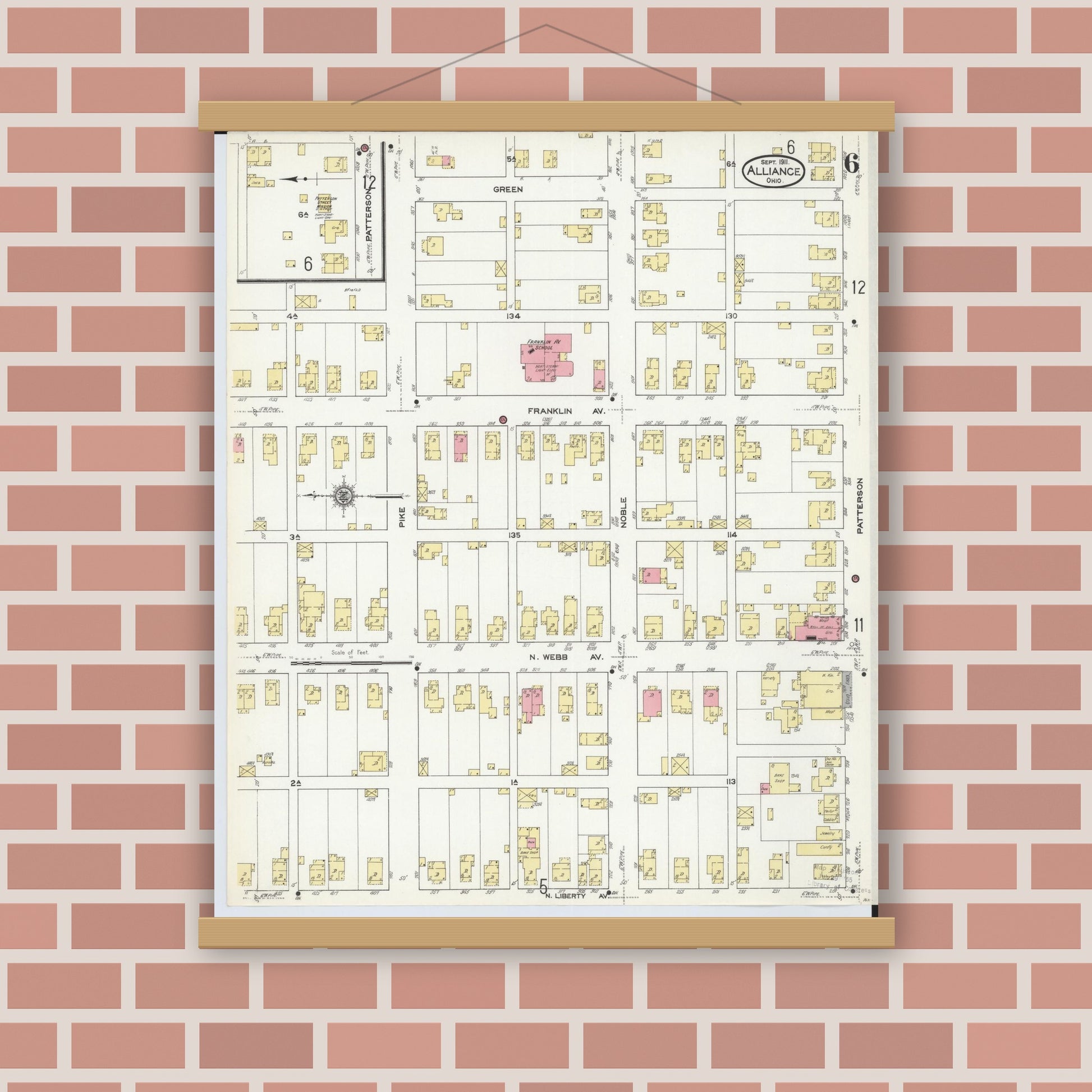 Old map wall art mockup — magnetic wood frame on brick wall — Sanborn Fire Insurance Map from Alliance, Stark County, Ohio (1911), Sheet #0006