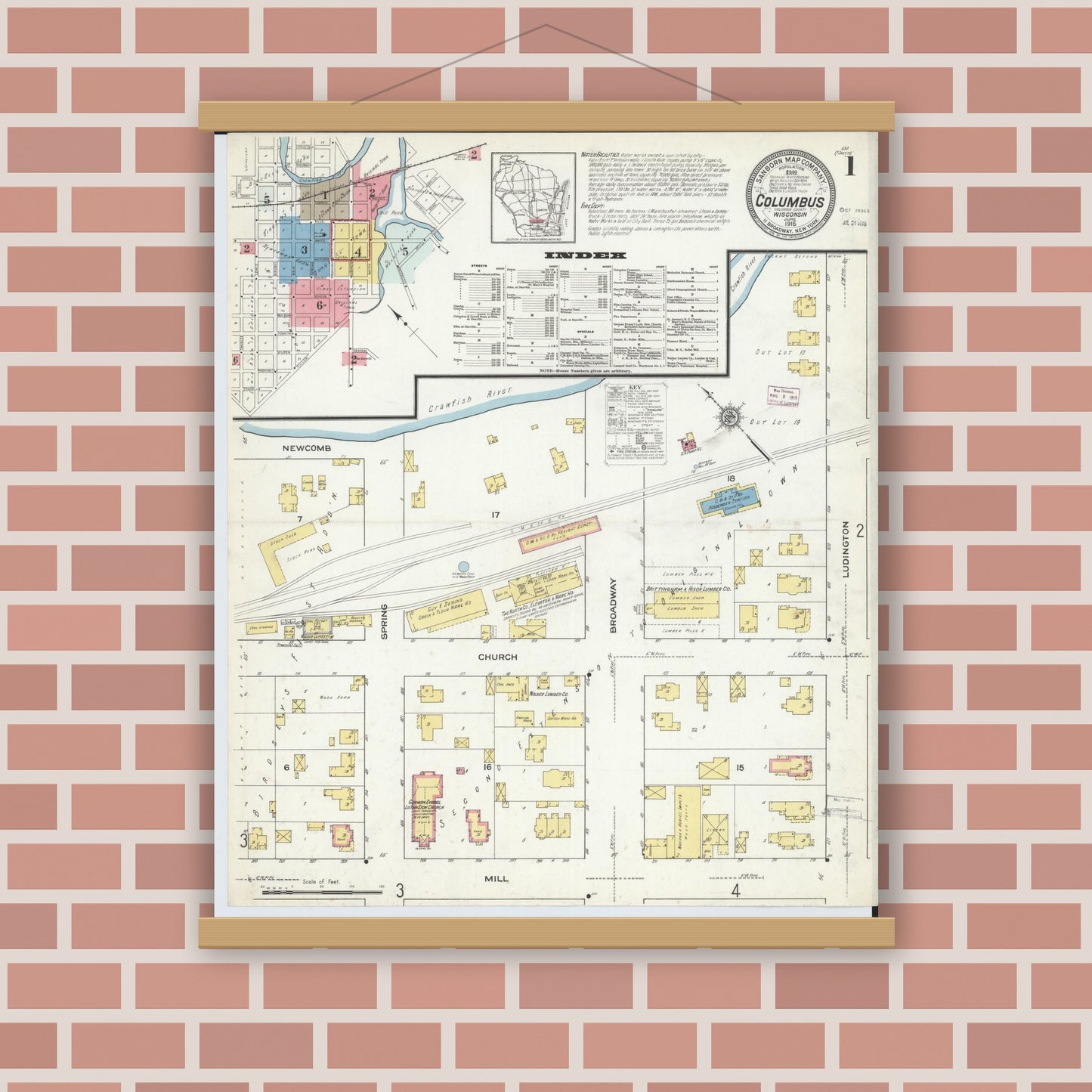 Old map wall art mockup — magnetic wood frame on brick wall — Sanborn Fire Insurance Map from Columbus, Columbia and Dodge County, Wisconsin (1915) - Complete Map Set