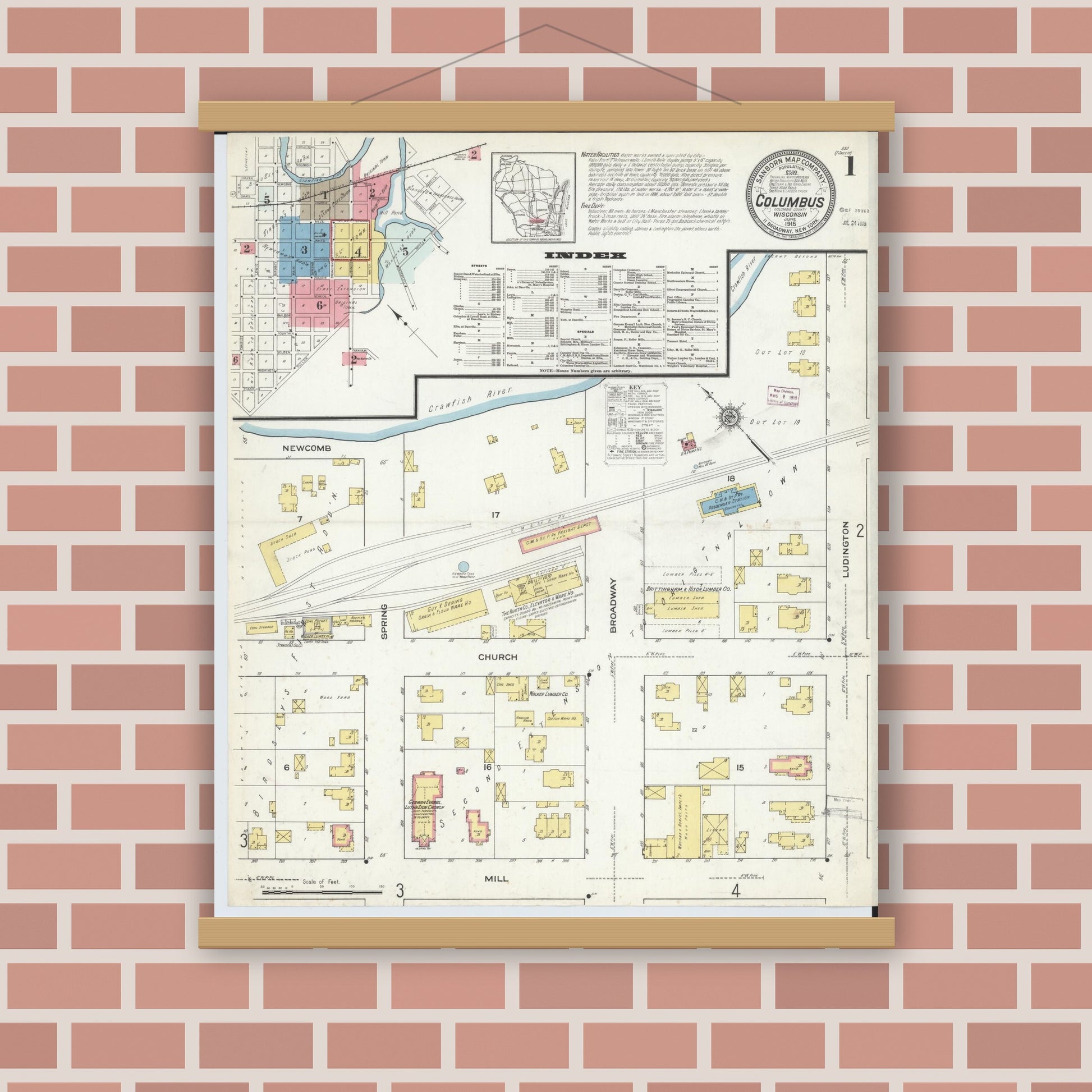 Old map wall art mockup — magnetic wood frame on brick wall — Sanborn Fire Insurance Map from Columbus, Columbia and Dodge County, Wisconsin (1915) - Complete Map Set