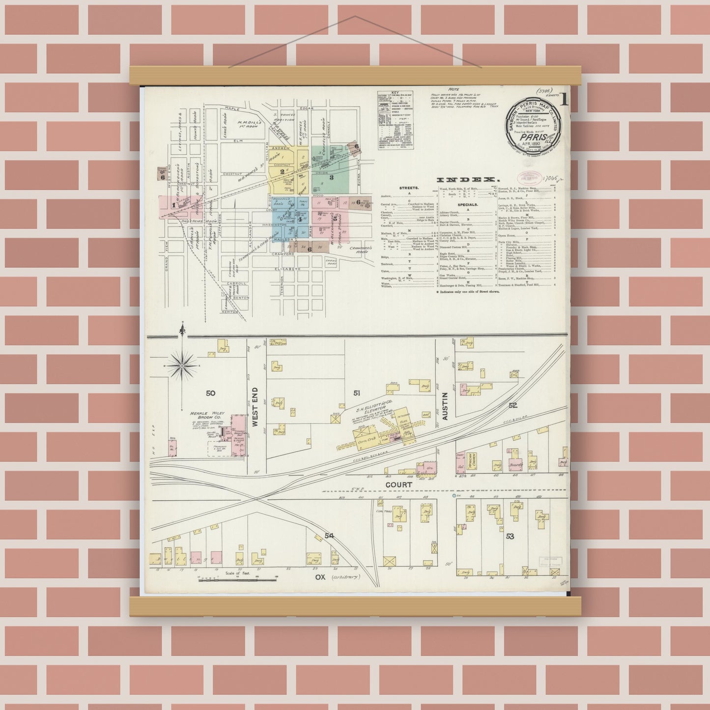 Old map wall art mockup — magnetic wood frame on brick wall — Sanborn Fire Insurance Map from Paris, Edgar County, Illinois (1890), Sheet #0001