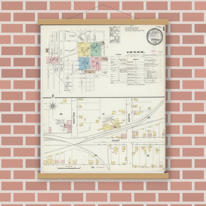 Old map wall art mockup — magnetic wood frame on brick wall — Sanborn Fire Insurance Map from Paris, Edgar County, Illinois (1890), Sheet #0001
