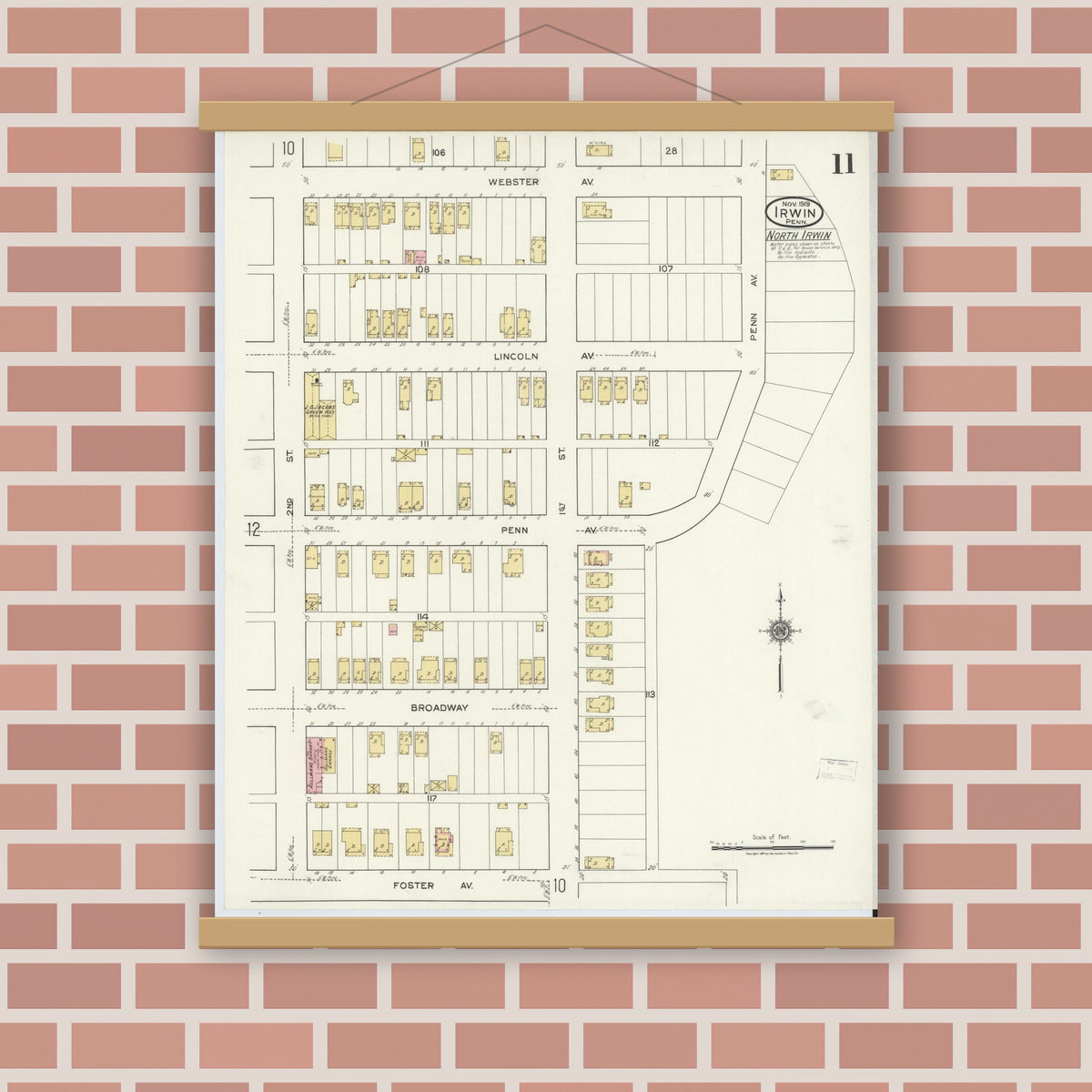 Old map wall art mockup — magnetic wood frame on brick wall — Sanborn Fire Insurance Map from Irwin, Westmoreland County, Pennsylvania (1919), Sheet #0011