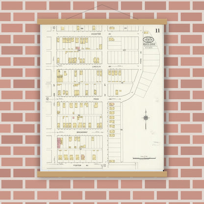 Old map wall art mockup — magnetic wood frame on brick wall — Sanborn Fire Insurance Map from Irwin, Westmoreland County, Pennsylvania (1919), Sheet #0011