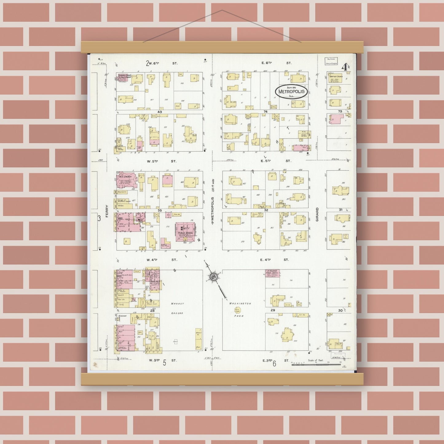 Old map wall art mockup — magnetic wood frame on brick wall — Sanborn Fire Insurance Map from Metropolis, Massac County, Illinois (1910), Sheet #0004