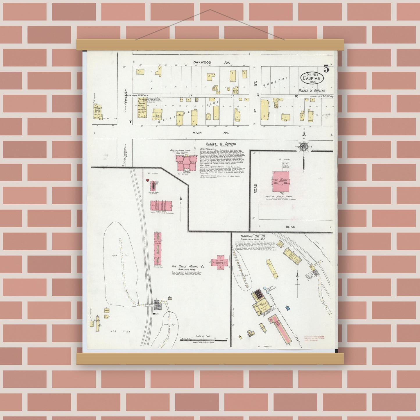 Old map wall art mockup — magnetic wood frame on brick wall — Sanborn Fire Insurance Map from Caspian, Iron County, Michigan (1922), Sheet #0005