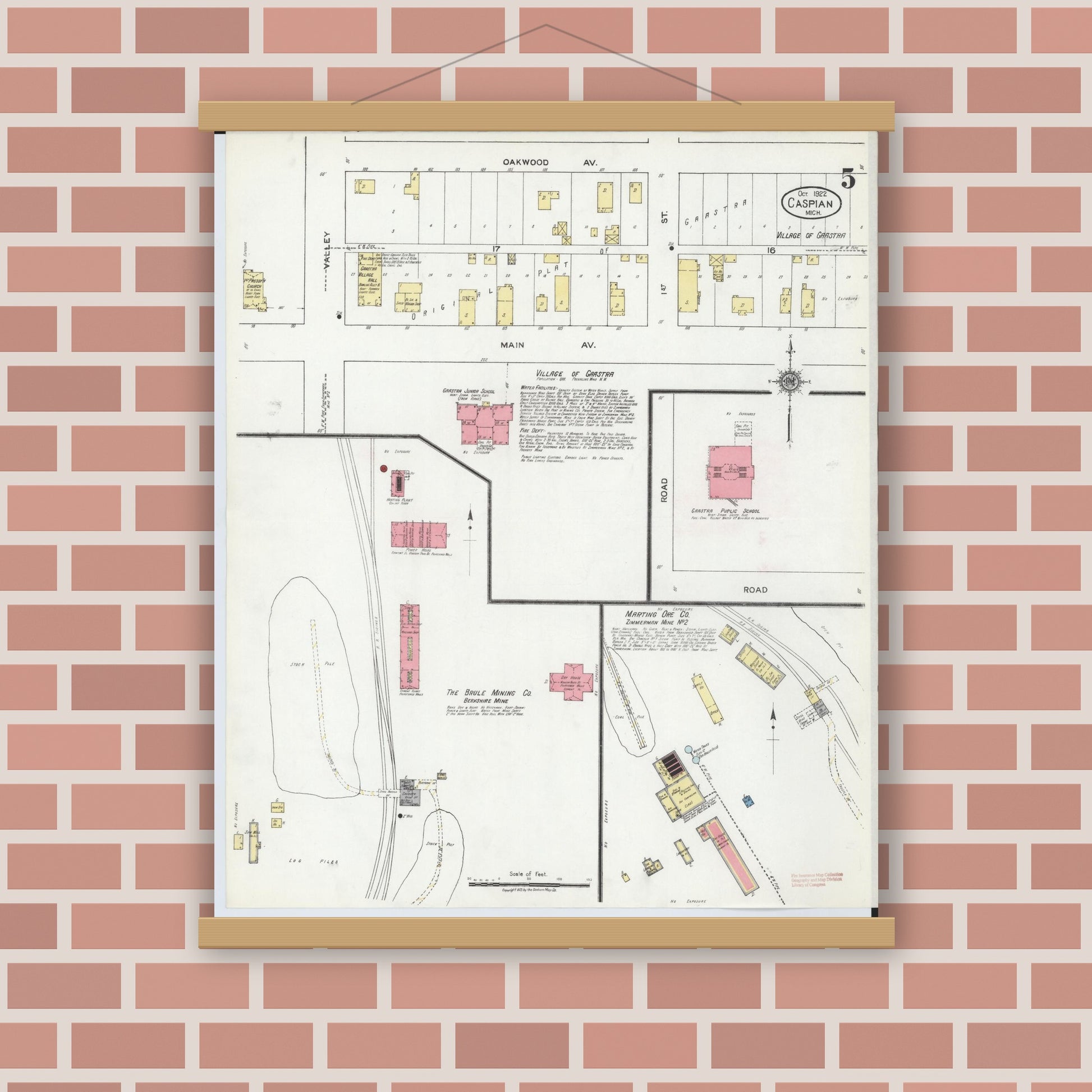 Old map wall art mockup — magnetic wood frame on brick wall — Sanborn Fire Insurance Map from Caspian, Iron County, Michigan (1922), Sheet #0005