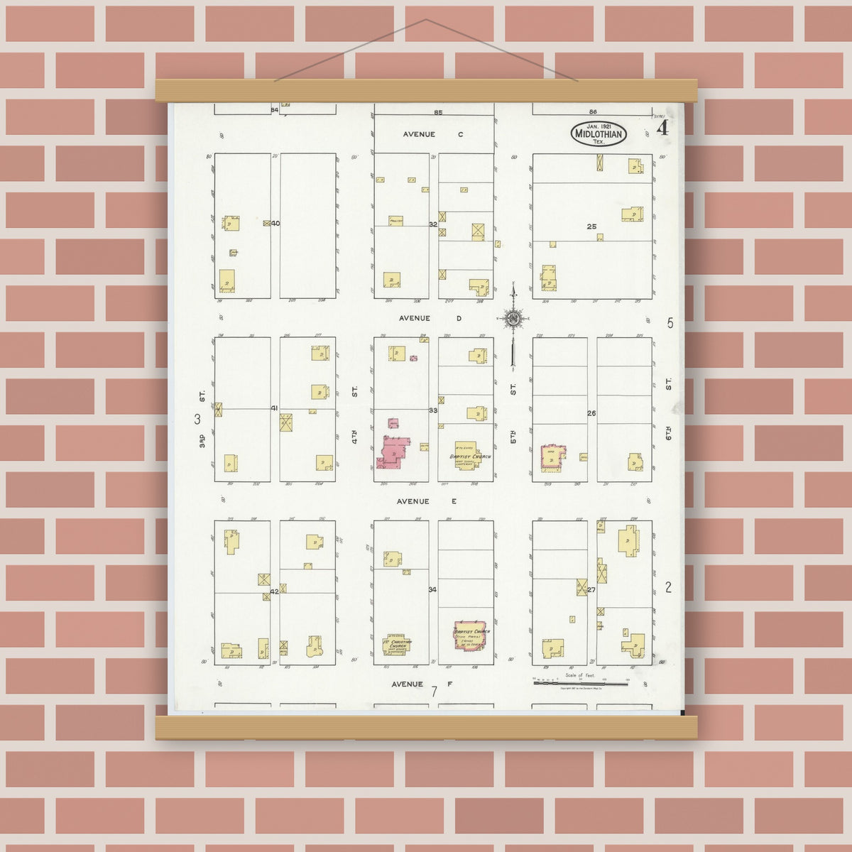 Old map wall art mockup — magnetic wood frame on brick wall — Sanborn Fire Insurance Map from Midlothian, Ellis County, Texas (1921), Sheet #0004