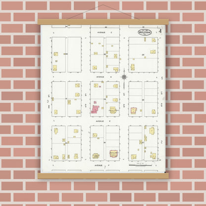 Old map wall art mockup — magnetic wood frame on brick wall — Sanborn Fire Insurance Map from Midlothian, Ellis County, Texas (1921), Sheet #0004