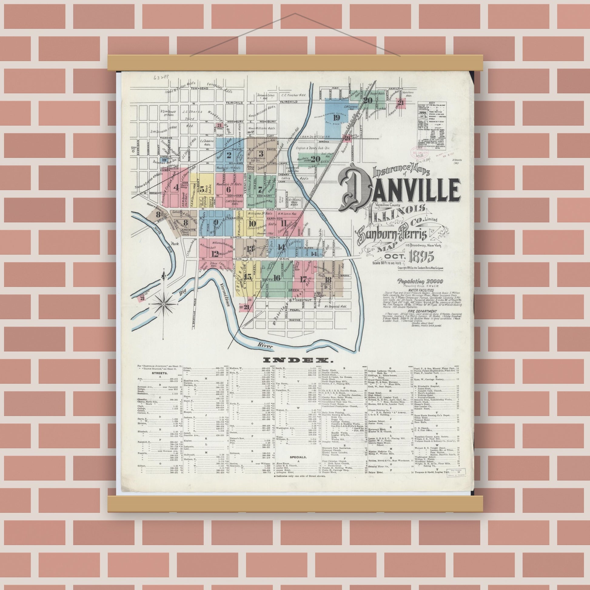 Old map wall art mockup — magnetic wood frame on brick wall — Sanborn Fire Insurance Map from Danville, Vermilion County, Illinois (1895) - Complete Map Set