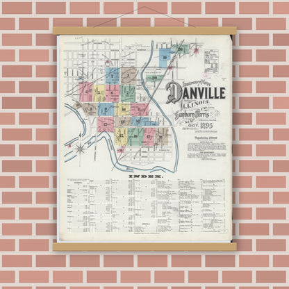Old map wall art mockup — magnetic wood frame on brick wall — Sanborn Fire Insurance Map from Danville, Vermilion County, Illinois (1895) - Complete Map Set