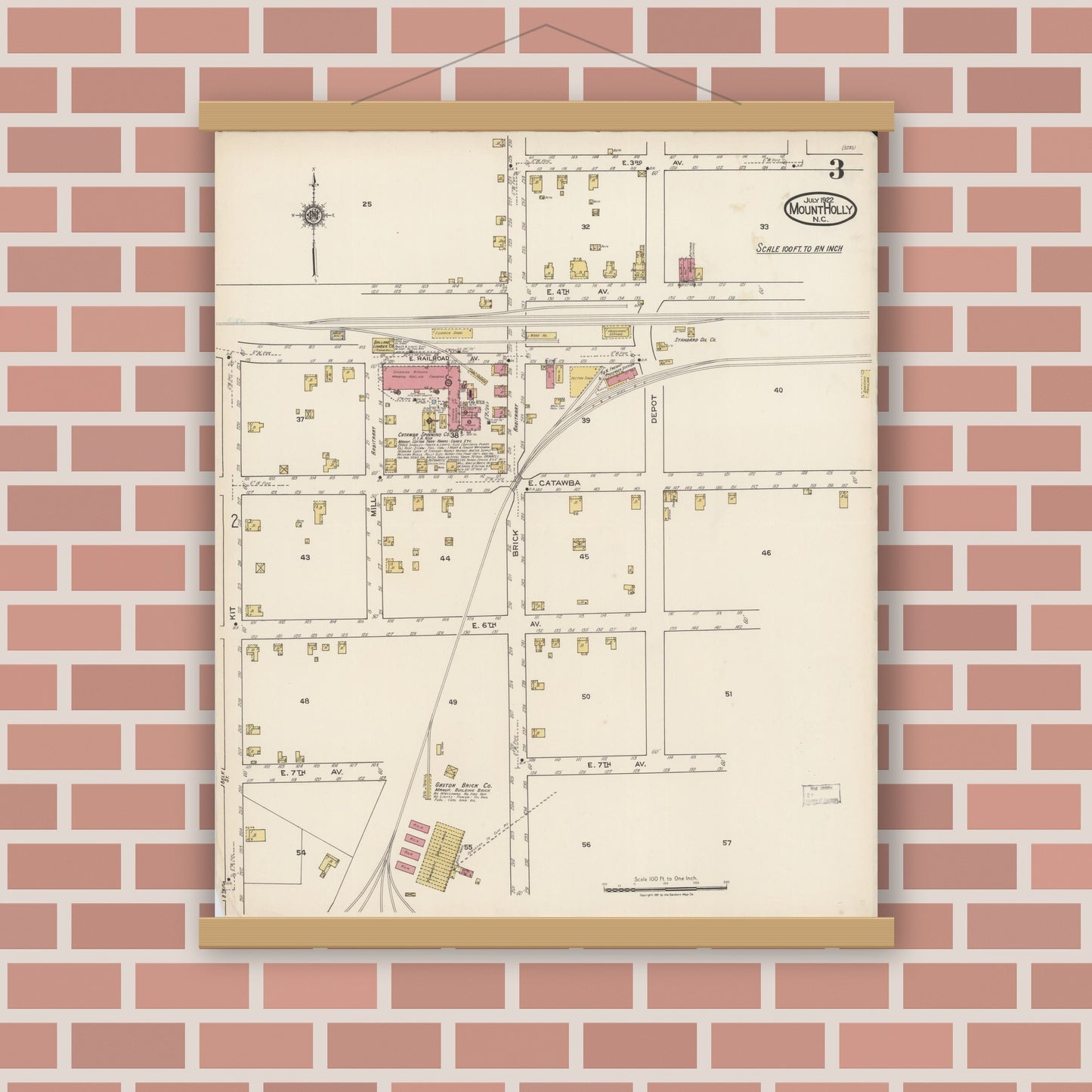 Old map wall art mockup — magnetic wood frame on brick wall — Sanborn Fire Insurance Map from Mount Holly, Gaston County, North Carolina (1922), Sheet #0003