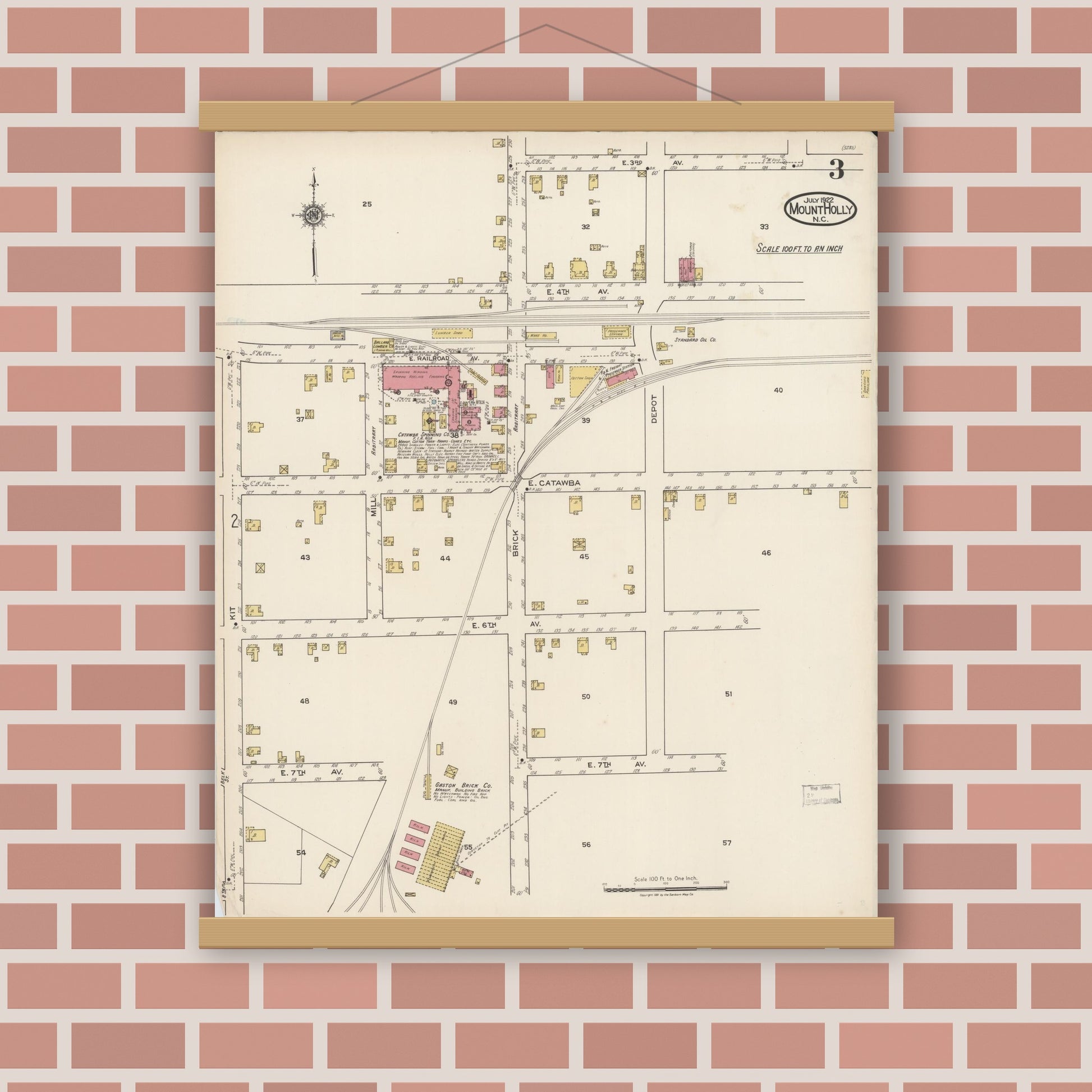 Old map wall art mockup — magnetic wood frame on brick wall — Sanborn Fire Insurance Map from Mount Holly, Gaston County, North Carolina (1922), Sheet #0003