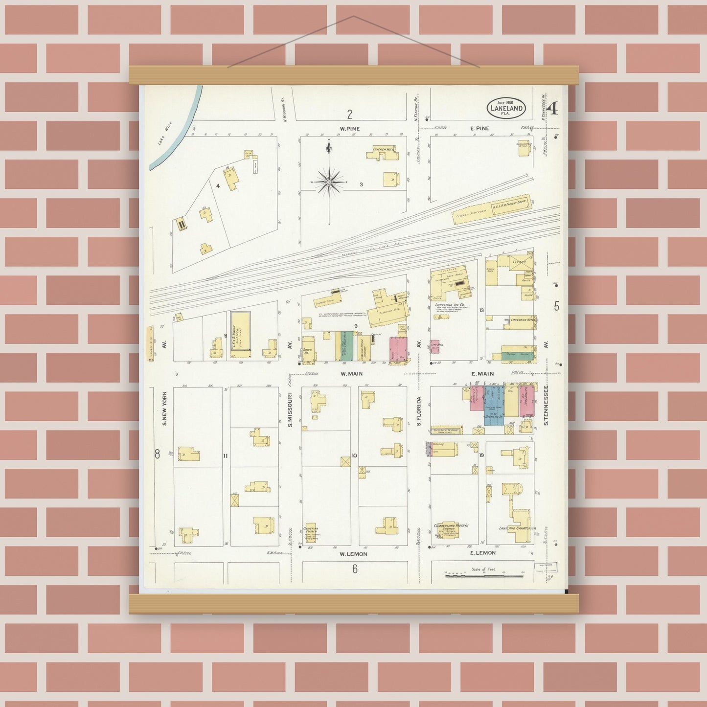 Old map wall art mockup — magnetic wood frame on brick wall — Sanborn Fire Insurance Map from Lakeland, Polk County, Florida (1908), Sheet #0004