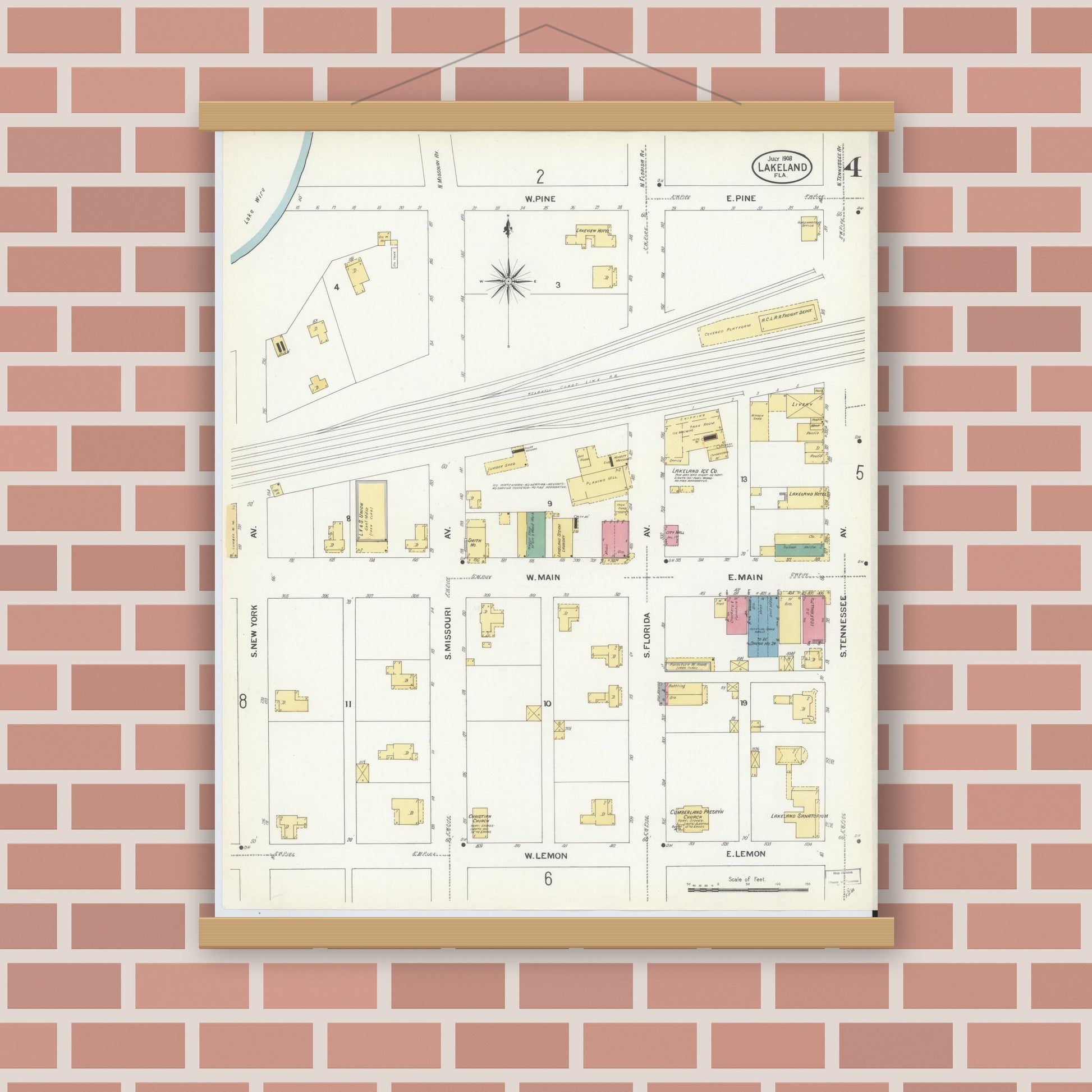 Old map wall art mockup — magnetic wood frame on brick wall — Sanborn Fire Insurance Map from Lakeland, Polk County, Florida (1908), Sheet #0004