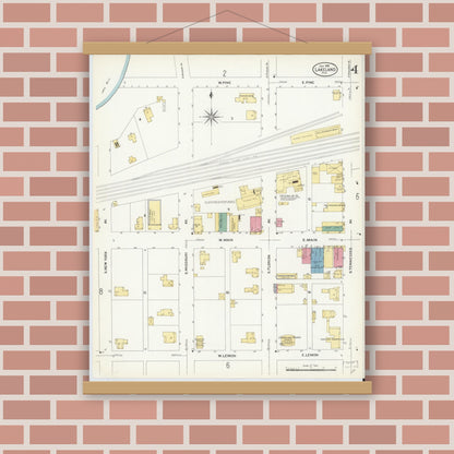 Old map wall art mockup — magnetic wood frame on brick wall — Sanborn Fire Insurance Map from Lakeland, Polk County, Florida (1908), Sheet #0004