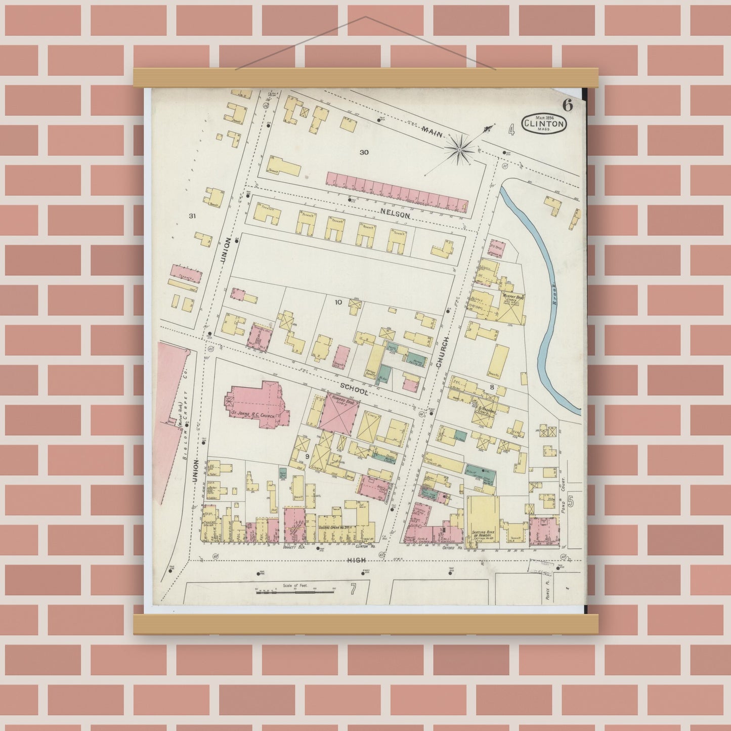 Old map wall art mockup — magnetic wood frame on brick wall — Sanborn Fire Insurance Map from Clinton, Worcester County, Massachusetts (1894), Sheet #0006