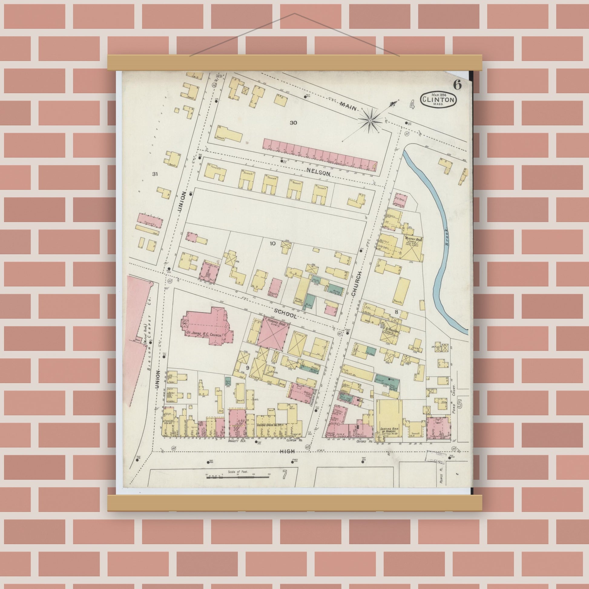 Old map wall art mockup — magnetic wood frame on brick wall — Sanborn Fire Insurance Map from Clinton, Worcester County, Massachusetts (1894), Sheet #0006
