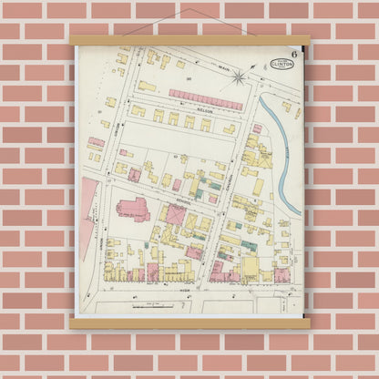 Old map wall art mockup — magnetic wood frame on brick wall — Sanborn Fire Insurance Map from Clinton, Worcester County, Massachusetts (1894), Sheet #0006
