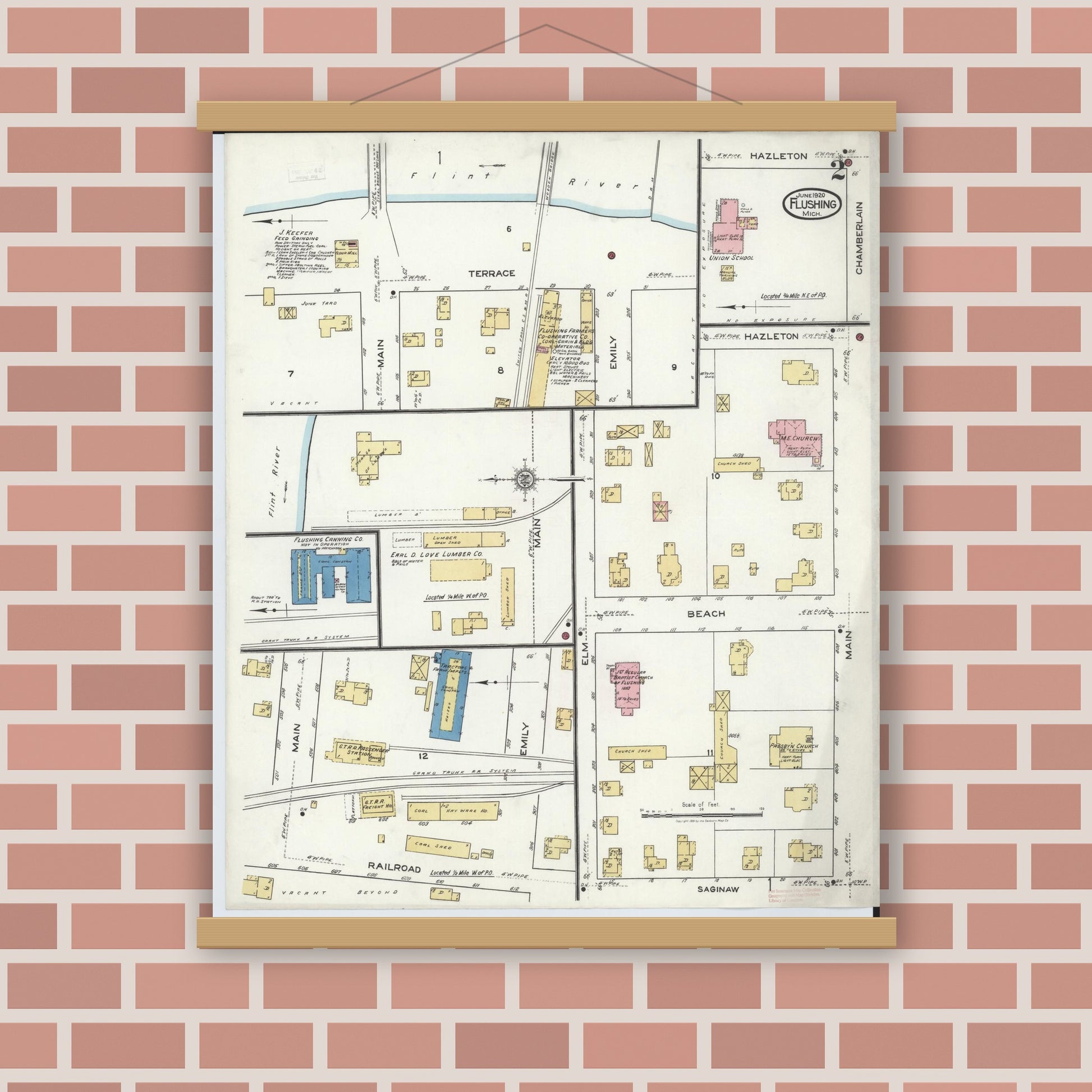 Old map wall art mockup — magnetic wood frame on brick wall — Sanborn Fire Insurance Map from Flushing, Genesee County, Michigan (1920), Sheet #0002