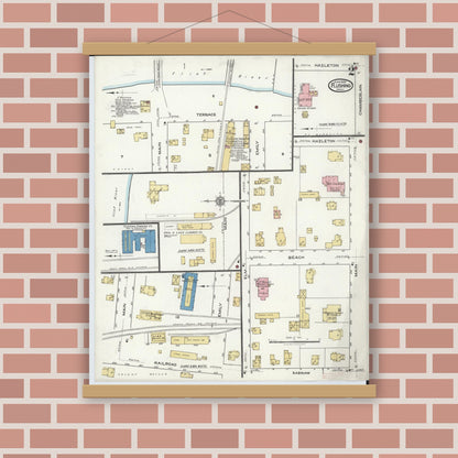 Old map wall art mockup — magnetic wood frame on brick wall — Sanborn Fire Insurance Map from Flushing, Genesee County, Michigan (1920), Sheet #0002