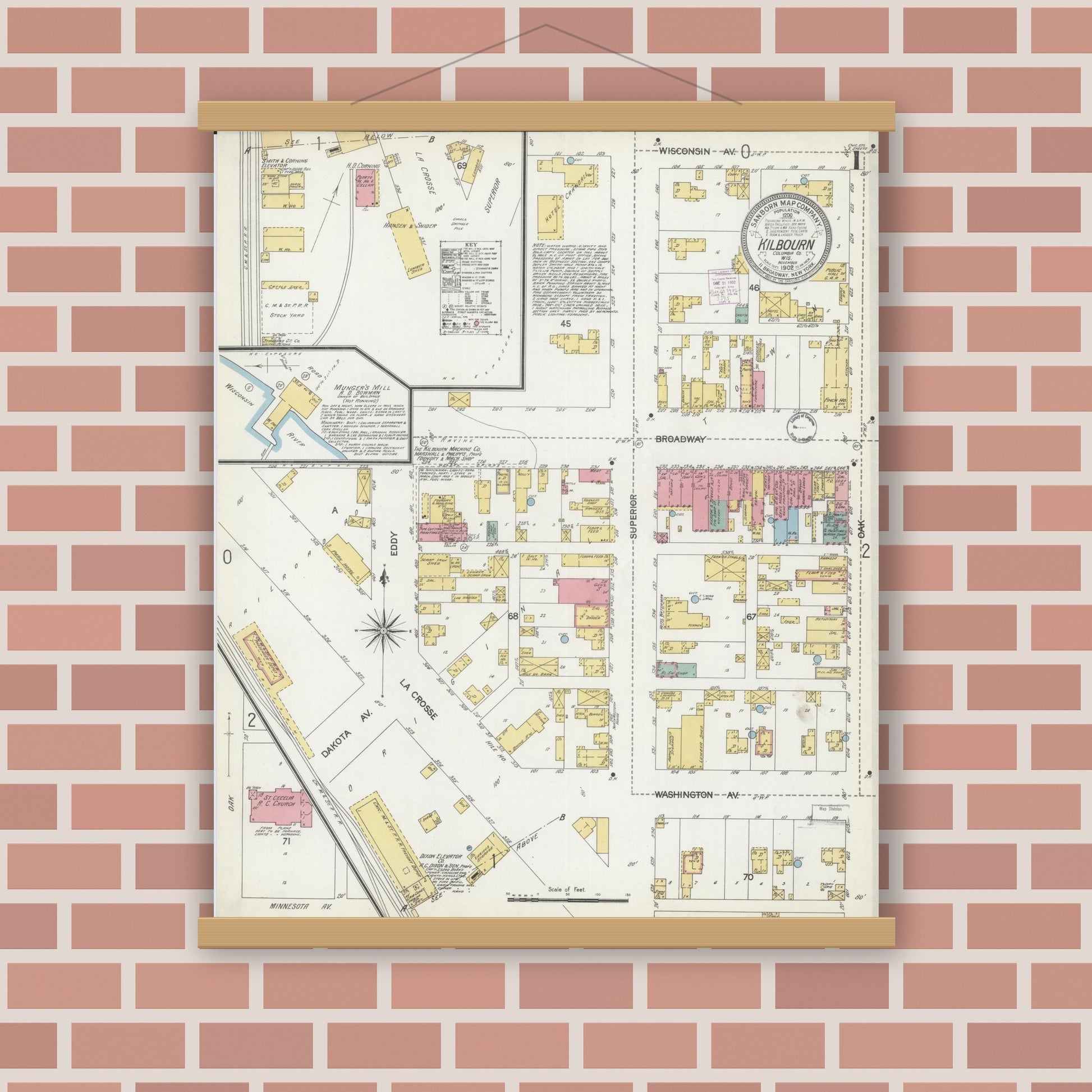 Old map wall art mockup — magnetic wood frame on brick wall — Sanborn Fire Insurance Map from Kilbourn, Columbia County, Wisconsin (1902), Sheet #0001