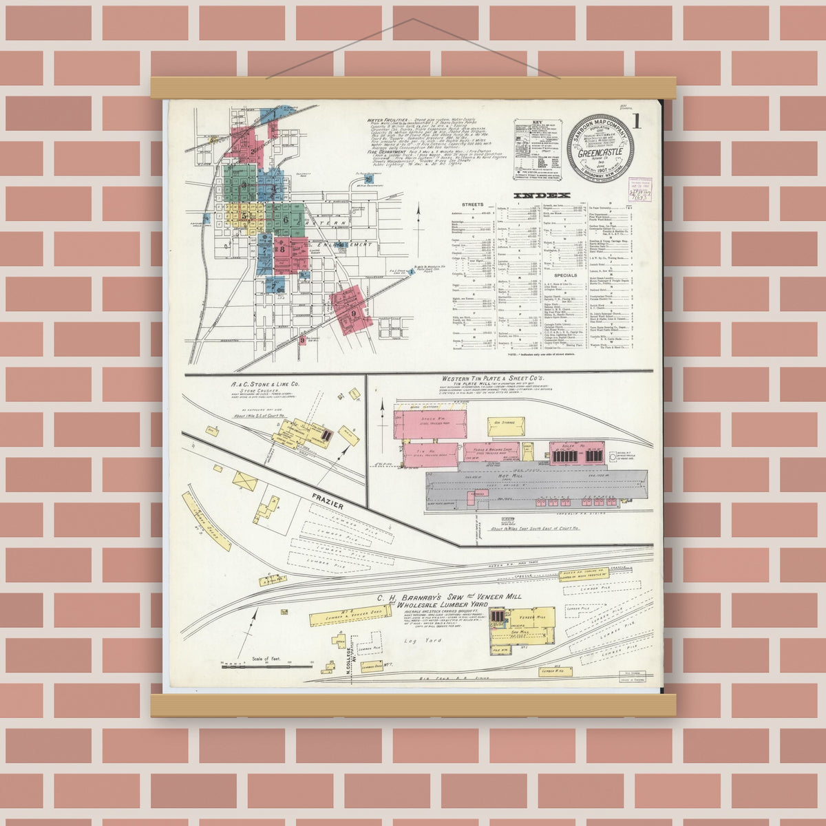 Old map wall art mockup — magnetic wood frame on brick wall — Sanborn Fire Insurance Map from Greencastle, Putnam County, Indiana (1907), Sheet #0001