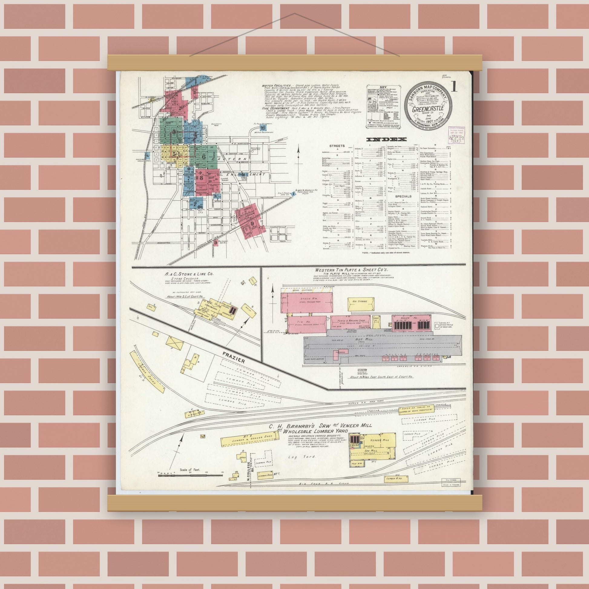 Old map wall art mockup — magnetic wood frame on brick wall — Sanborn Fire Insurance Map from Greencastle, Putnam County, Indiana (1907), Sheet #0001