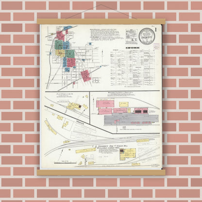 Old map wall art mockup — magnetic wood frame on brick wall — Sanborn Fire Insurance Map from Greencastle, Putnam County, Indiana (1907), Sheet #0001