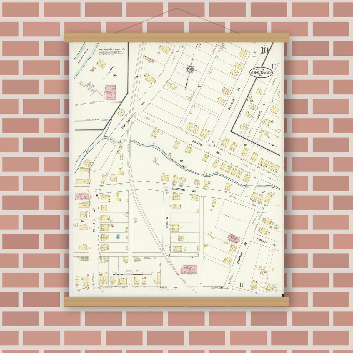 Old map wall art mockup — magnetic wood frame on brick wall — Sanborn Fire Insurance Map from Punxsutawney, Jefferson County, Pennsylvania (1912), Sheet #0010