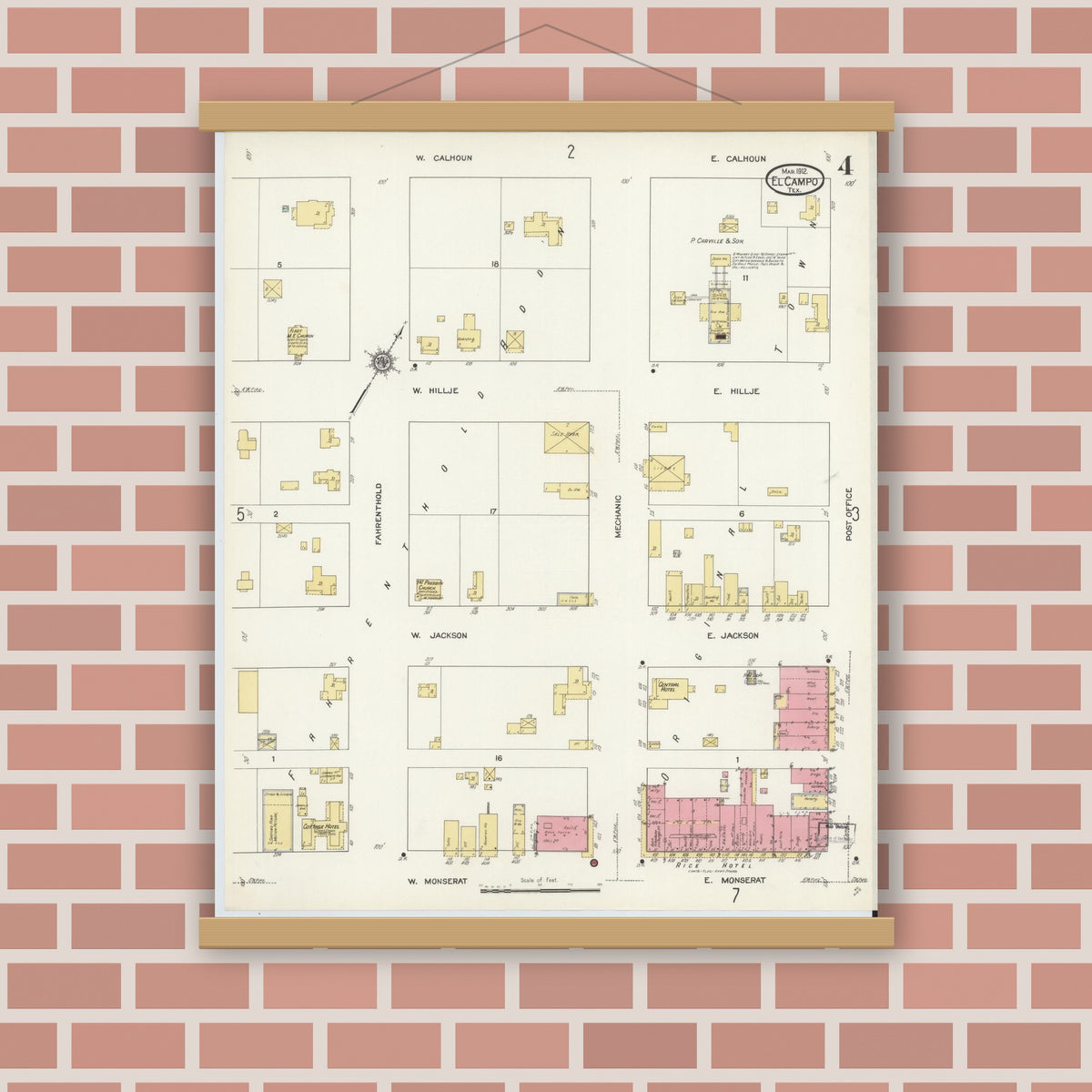 Old map wall art mockup — magnetic wood frame on brick wall — Sanborn Fire Insurance Map from El Campo, Wharton County, Texas (1912), Sheet #0004
