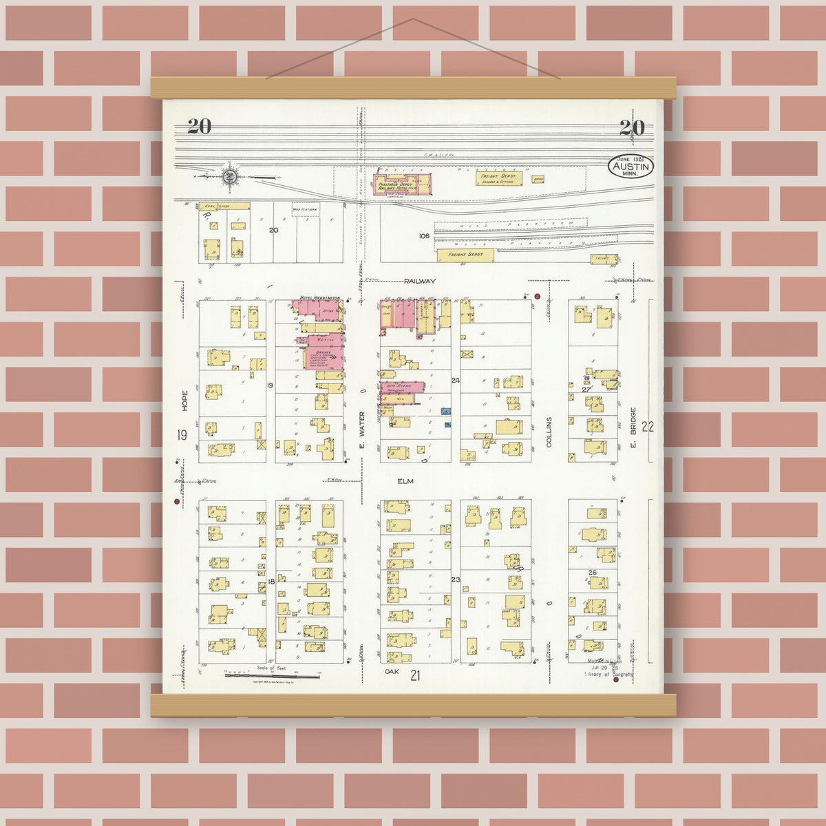 Old map wall art mockup — magnetic wood frame on brick wall — Sanborn Fire Insurance Map from Austin, Mower County, Minnesota (1926), Sheet #0020