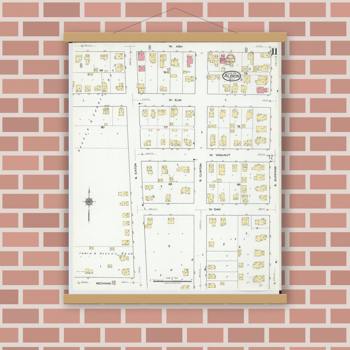 Old map wall art mockup — magnetic wood frame on brick wall — Sanborn Fire Insurance Map from Albion, Calhoun County, Michigan (1918), Sheet #0011