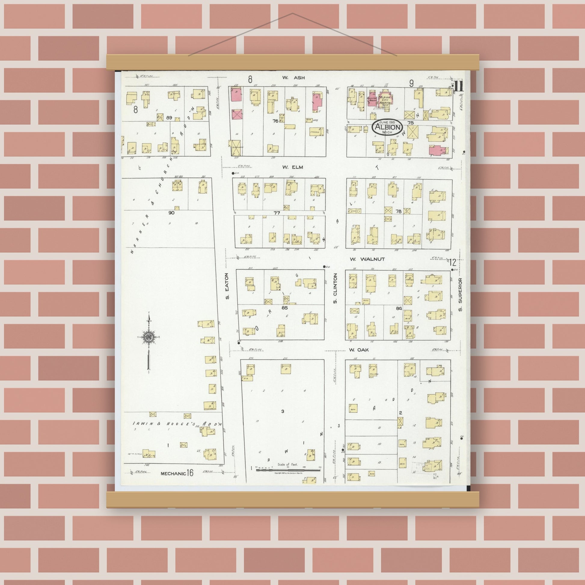 Old map wall art mockup — magnetic wood frame on brick wall — Sanborn Fire Insurance Map from Albion, Calhoun County, Michigan (1918), Sheet #0011