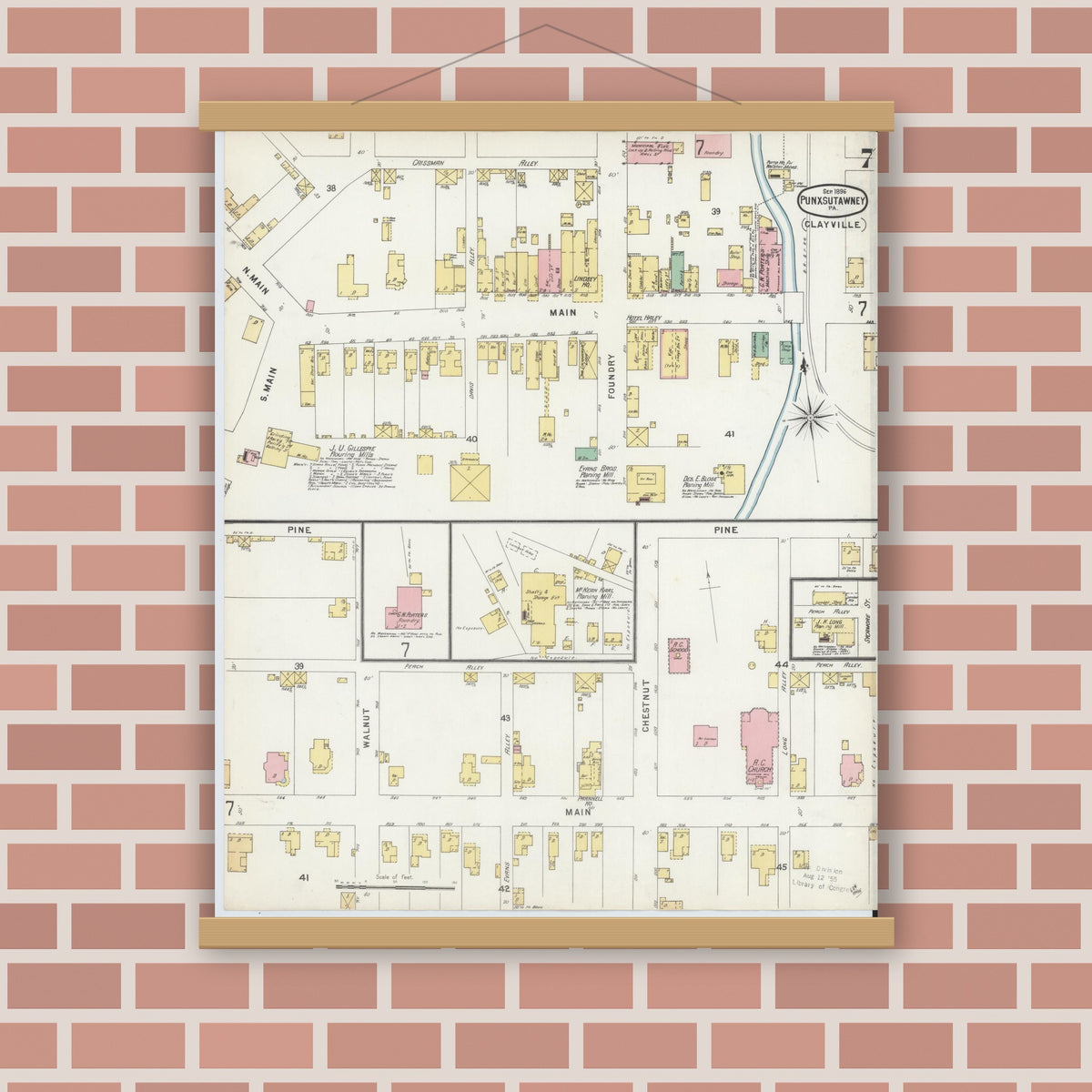 Old map wall art mockup — magnetic wood frame on brick wall — Sanborn Fire Insurance Map from Punxsutawney, Jefferson County, Pennsylvania (1896), Sheet #0007