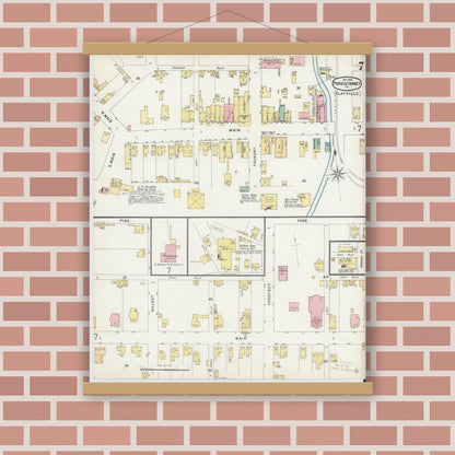 Old map wall art mockup — magnetic wood frame on brick wall — Sanborn Fire Insurance Map from Punxsutawney, Jefferson County, Pennsylvania (1896), Sheet #0007