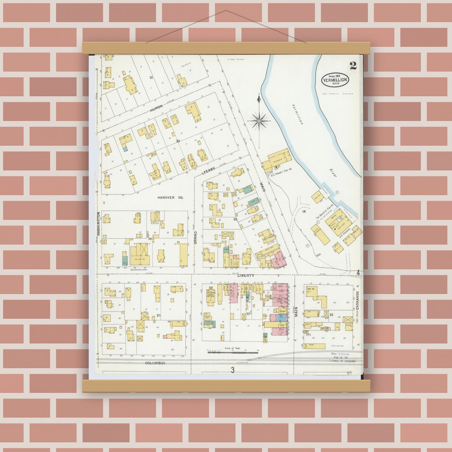 Old map wall art mockup — magnetic wood frame on brick wall — Sanborn Fire Insurance Map from Vermillion, Erie County, Ohio (1904), Sheet #0002