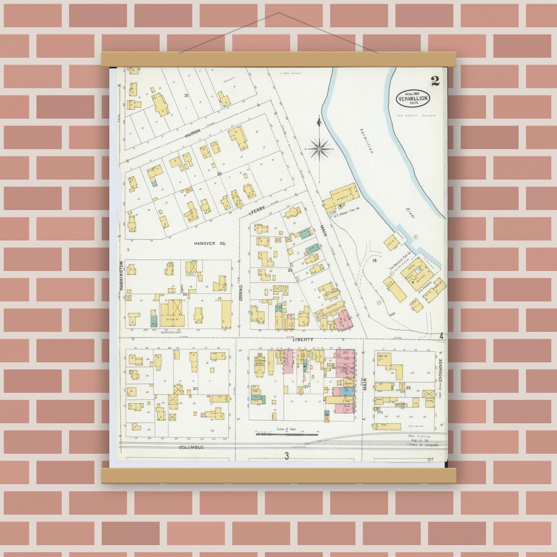 Old map wall art mockup — magnetic wood frame on brick wall — Sanborn Fire Insurance Map from Vermillion, Erie County, Ohio (1904), Sheet #0002