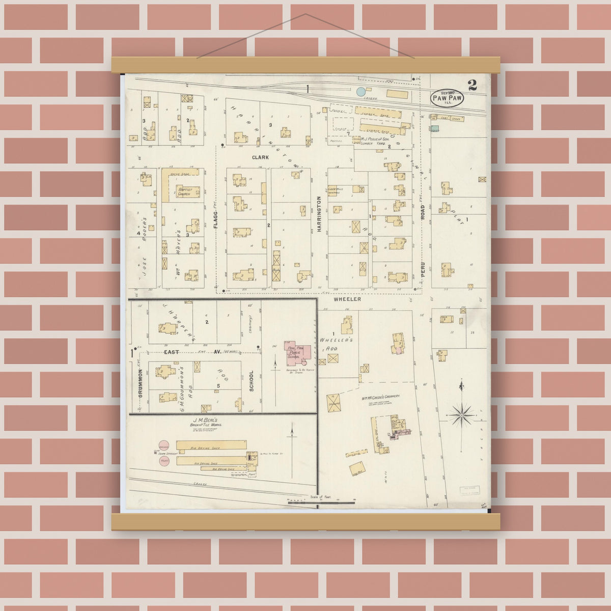 Old map wall art mockup — magnetic wood frame on brick wall — Sanborn Fire Insurance Map from Paw Paw, Lee County, Illinois (1897), Sheet #0002