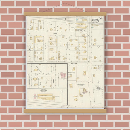 Old map wall art mockup — magnetic wood frame on brick wall — Sanborn Fire Insurance Map from Paw Paw, Lee County, Illinois (1897), Sheet #0002