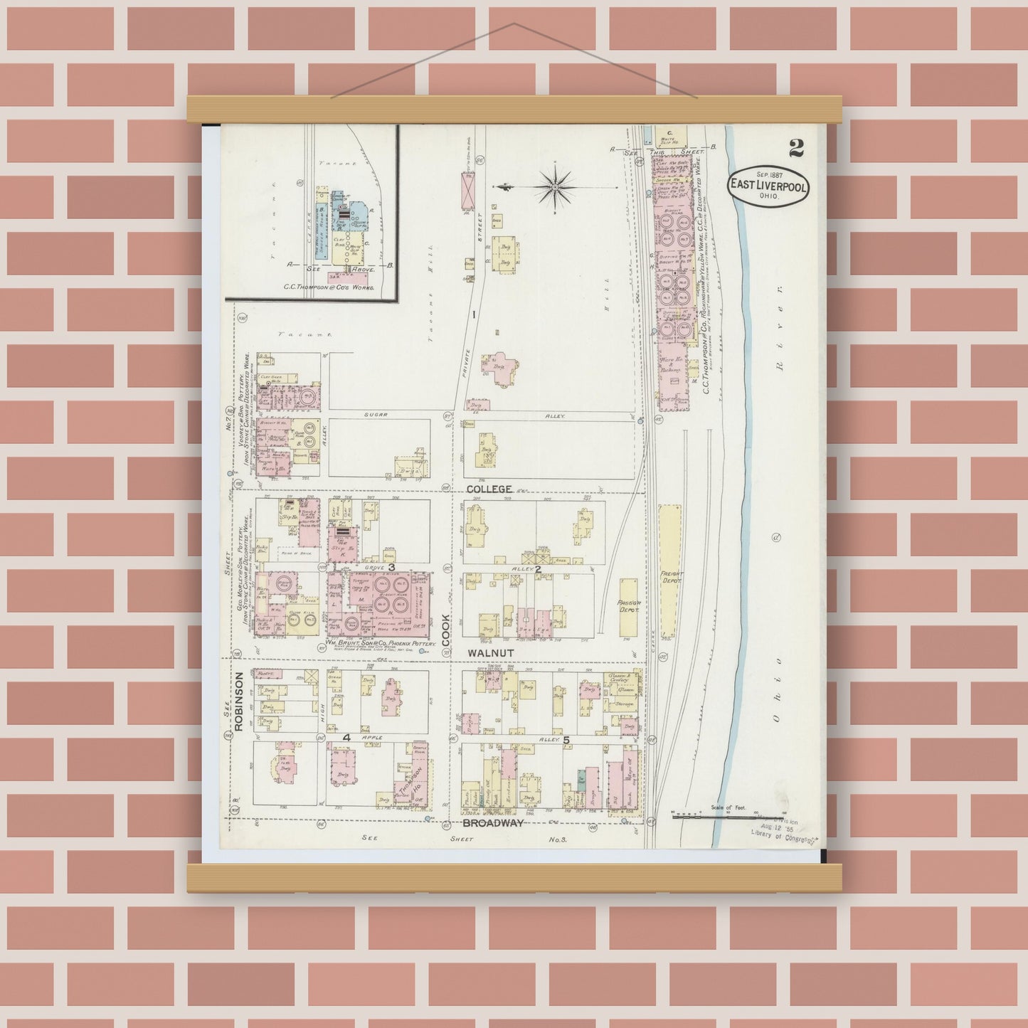 Old map wall art mockup — magnetic wood frame on brick wall — Sanborn Fire Insurance Map from East Liverpool, Columbiana County, Ohio (1887), Sheet #0002