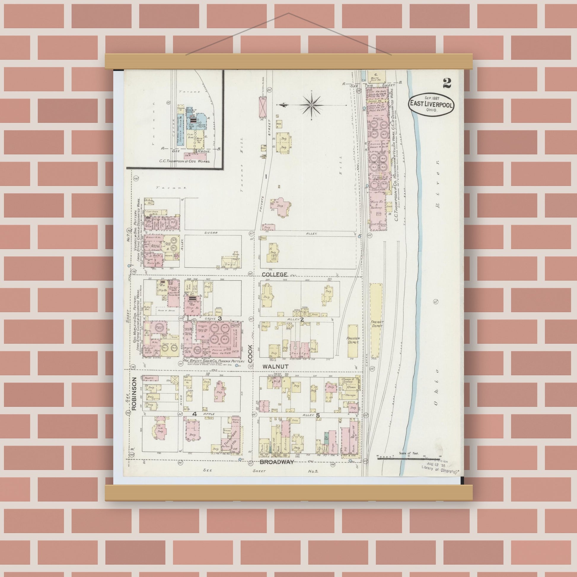 Old map wall art mockup — magnetic wood frame on brick wall — Sanborn Fire Insurance Map from East Liverpool, Columbiana County, Ohio (1887), Sheet #0002