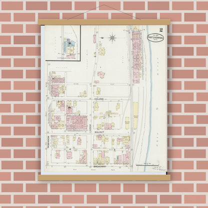 Old map wall art mockup — magnetic wood frame on brick wall — Sanborn Fire Insurance Map from East Liverpool, Columbiana County, Ohio (1887), Sheet #0002