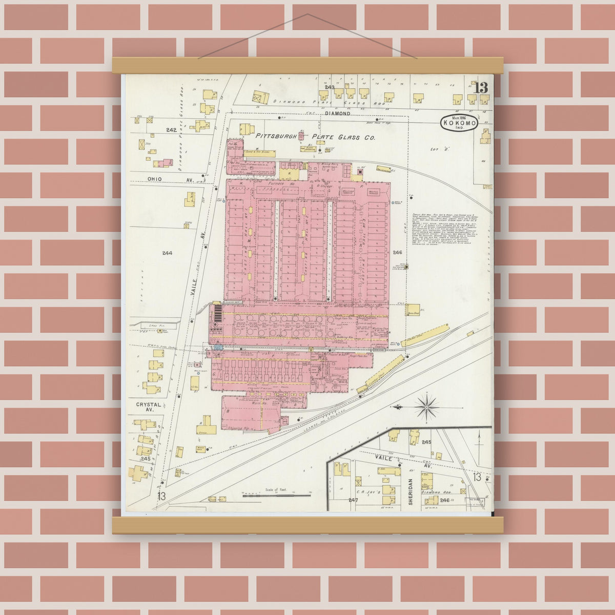 Old map wall art mockup — magnetic wood frame on brick wall — Sanborn Fire Insurance Map from Kokomo, Howard County, Indiana (1896), Sheet #0013