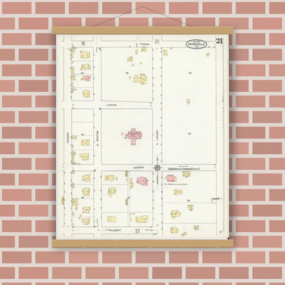 Old map wall art mockup — magnetic wood frame on brick wall — Sanborn Fire Insurance Map from Gainesville, Cooke County, Texas (1913), Sheet #0021
