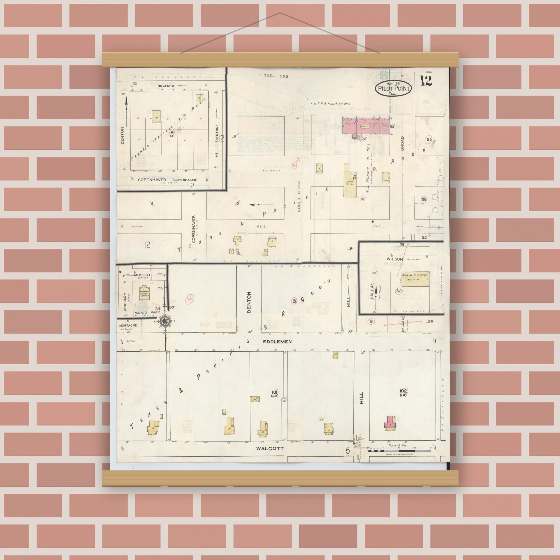 Old map wall art mockup — magnetic wood frame on brick wall — Sanborn Fire Insurance Map from Pilot Point, Denton County, Texas (1940), Sheet #0012