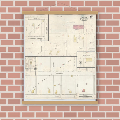 Old map wall art mockup — magnetic wood frame on brick wall — Sanborn Fire Insurance Map from Pilot Point, Denton County, Texas (1940), Sheet #0012