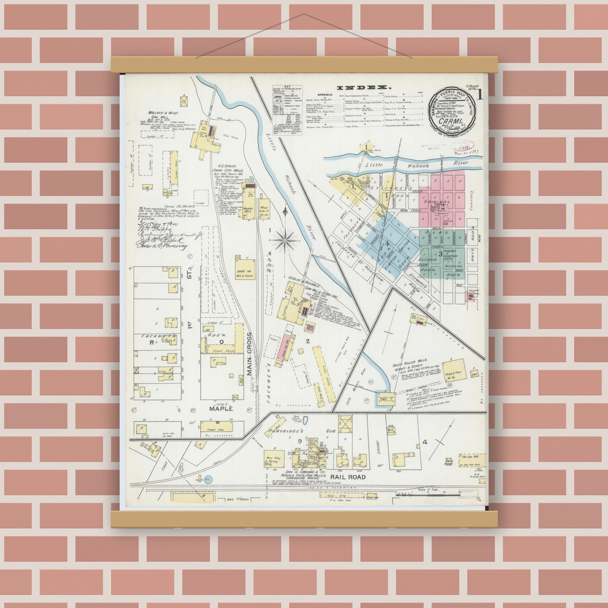 Old map wall art mockup — magnetic wood frame on brick wall — Sanborn Fire Insurance Map from Carmi, White County, Illinois (1893) - Complete Map Set